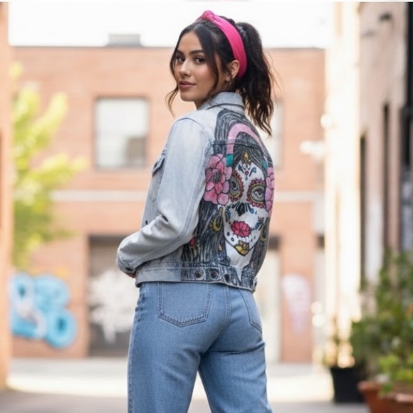 Hand Painted Sugar Skulñ Denim Jacket with Button Detail - Picture 2 of 12